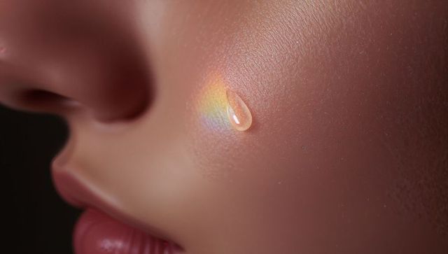 Macro showing tear droplet refracting rainbow on textured cheek and glossy lips, featuring studio bo