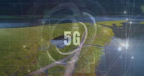 5G Connectivity Overlay on Scenic Marshland with River and Country Road