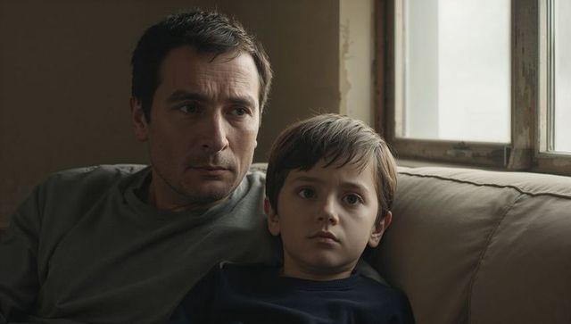 Father and son sitting close on couch looking thoughtful through window light