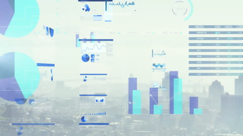 Digital Financial Data Over Urban Skyline Visual