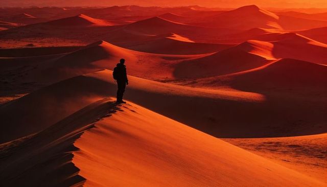 Silhouette hiker on dune crest at sunrise over vast orange sand dunes