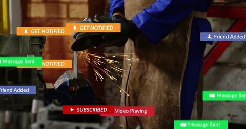 Artisan grinding metal with notifications integrated in workshop scene