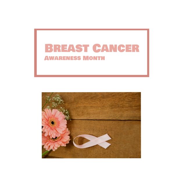 Image of breast cancer awareness month over white background and pink ribbon and flowers. Health, medicine and cancer awareness concept.