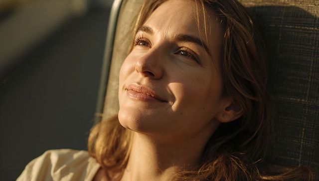 Sunlit woman reclining on woven lounge chair smiling in warm golden-hour balcony portrait
