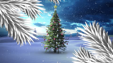 Winter Christmas Tree with Falling Snow and White Leaves Frame