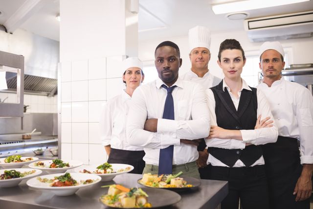 Group of restaurant professionals standing together showing cooperation and unity. Ideal for illustrating teamwork and leadership in a culinary context. Useful for articles about restaurant management, culinary schools, or professional kitchen environments.