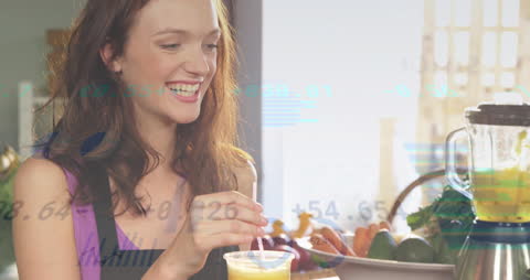 Woman Enjoying a Healthy Smoothie with Blurred Equations Overlay