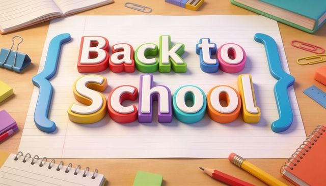 Colorful 3d back to school letters on desk with stationery, pencils, notebooks
