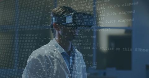 Scientist Wearing VR Headset with Projected Code in Technology Lab
