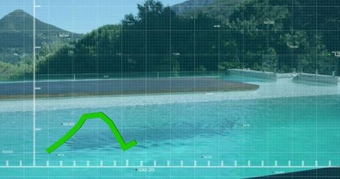Resort pool data visualization with turquoise water, hillside foliage and green 3d graph
