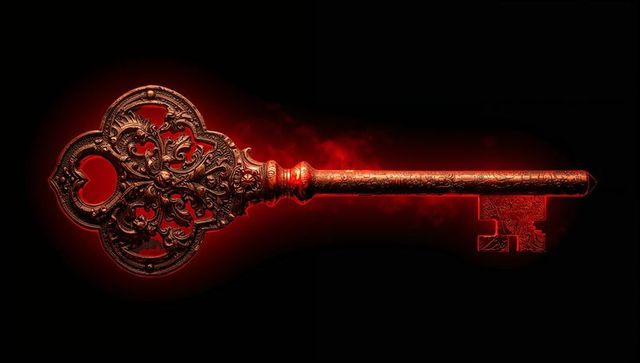 Ornate antique skeleton key with filigree heart bow victorian engraved metal crimson glow