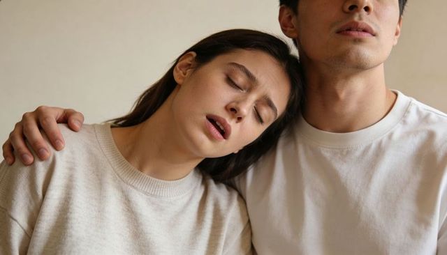 Couple resting together woman leaning on partner shoulder man holding arm intimate cozy