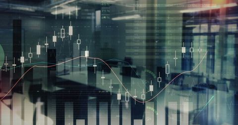 Abstract financial data charts with modern office setting