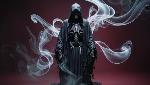 Hooded skeletal grim reaper figure with swirling smoke creating haunting atmosphere