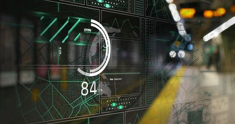 Holographic transit dashboard overlaying subway platform with teal HUD gauge reading 84