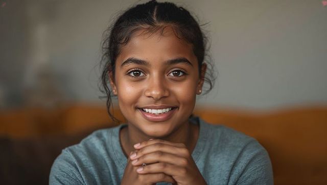 Smiling teen girl clasping hands under chin wearing grey sweatshirt warm closeup portrait