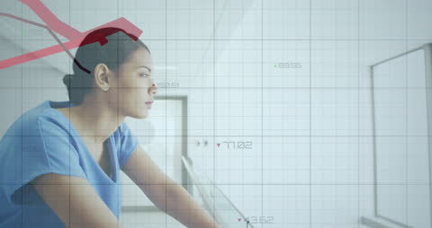 Pensive Health Worker Analyzing Medical Data with Digital Interface