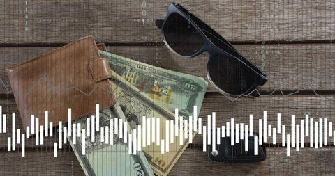 Displaying leather wallet, cash and smartphone on rustic wood with digital waveform overlay