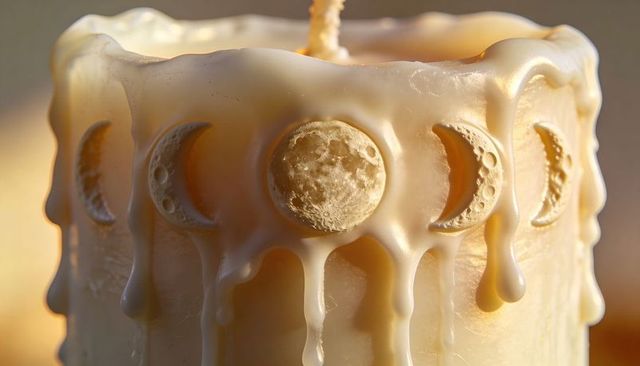 Macro cream moon phase candle with dripping wax, scalloped rim and glowing amber light