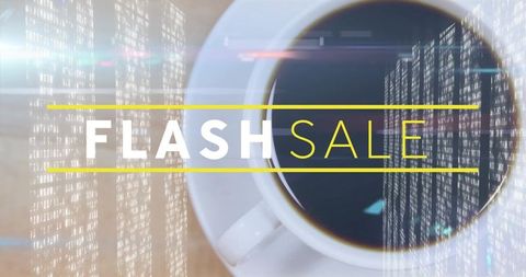 Flash Sale Banner Featuring Top-Down Coffee Cup, Yellow Stripe Overlay and Digital Code