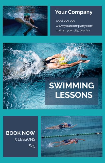 Promotional flyer showcasing the action of swimming lessons with dynamic swimmers in various pool scenes. Perfect for aquatic sports centers, swimming schools, and fitness centers advertising swimming lesson packages. This template captures the essence of active water sports and is ideal for distributing to potential customers, displaying in storefronts, or sharing online.