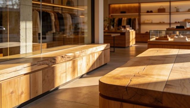 Sunlit minimalist boutique interior showcasing live-edge bench and rounded oak display table