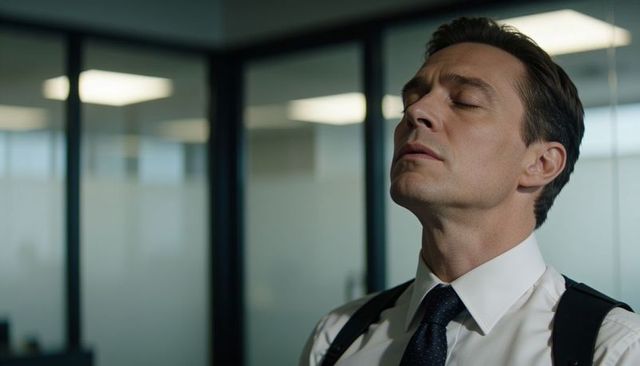 Contemplative corporate security officer pausing in glass office, minimalist portrait