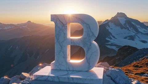 Marble letter b sculpture on mountain ridge with glowing sunrise