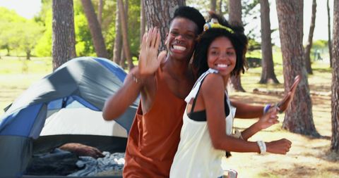 Joyful African American Women Camping in Park