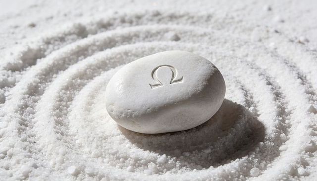 White omega pebble resting on raked salt rings for zen balance and minimalist spa decor