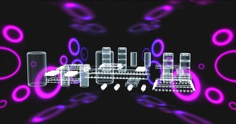 Futuristic Wireframe Industrial Plant with Glowing Purple Elements