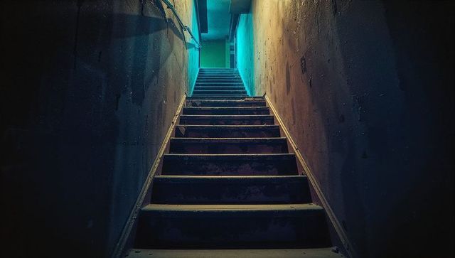 Narrow concrete staircase in urbex basement