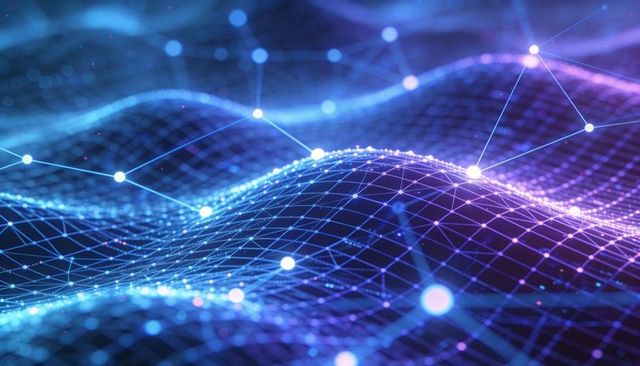 Forming neural mesh wave with glowing nodes and neon grid for ai and data visualization