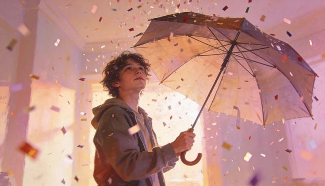 Teen holding umbrella under confetti shower backlit youthful celebration in pastel interior