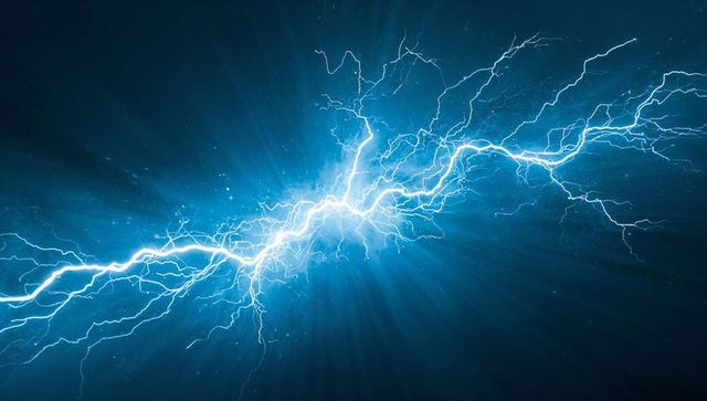 Dynamic lightning bolt spanning digital skies with multicolored sparks