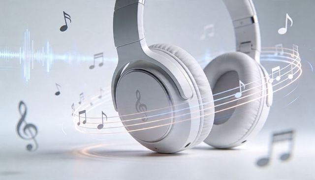 White over-ear wireless headphones surrounded by floating musical notes and sound waves
