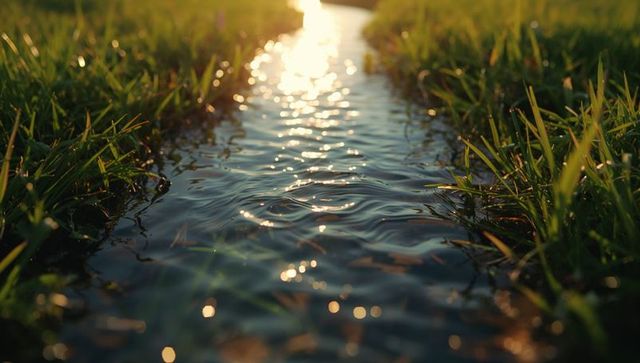 Sunlit Water Channel Flowing Through Grassy Field