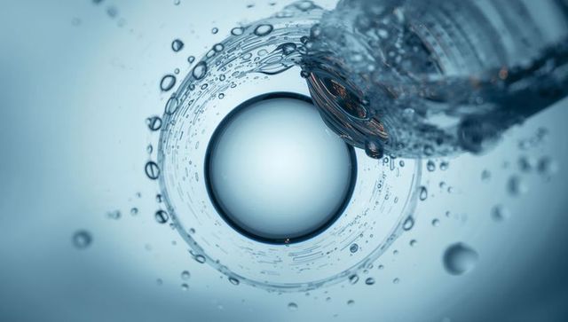 Pouring water creating concentric air ring with suspended droplets and macro ripples