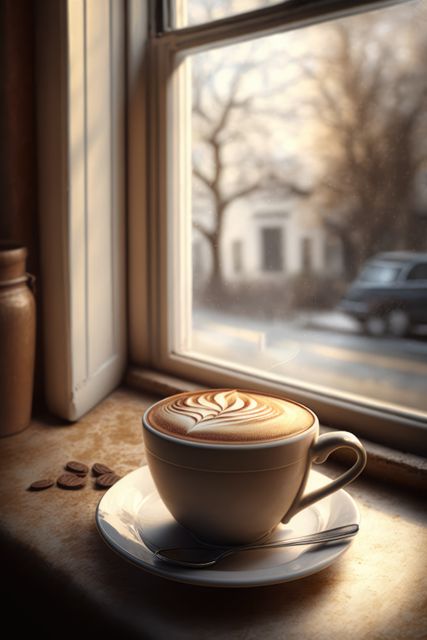 A steaming cup of coffee with intricate latte art sits on a saucer, accompanied by a spoon, on a windowsill. The scene outside the window is slightly blurred, depicting a cozy, early morning ambiance with soft daylight. Useful for depicting morning routines, relaxation, or a cozy cafe atmosphere.
