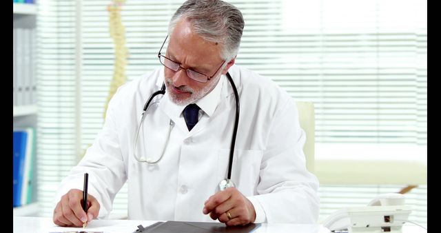 Senior male doctor in white coat writing a prescription at desk. Stethoscope around neck, symbolizing professionalism and experience. Modern medical office with medical equipment visible. Ideal for healthcare, medical websites, advertisements, health articles, and patient advocacy content.