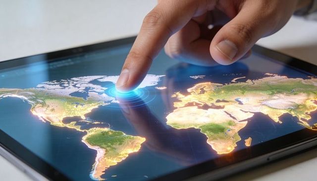 Fingertip Activating Interactive Globe on Tablet Display Highlighting Global Connectivity
