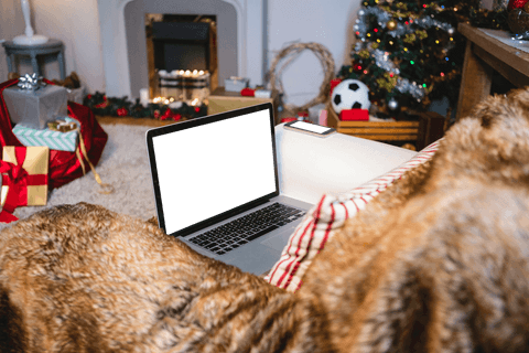 Cozy Holiday Scene with Transparent Laptop on Sofa Near Christmas Decor
