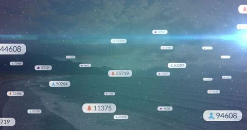 Floating Notification Badges Over Twilight Ocean Showing Social Media Metrics and Alerts