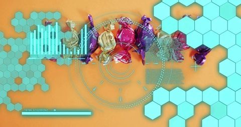 Foil-wrapped candies gleaming under turquoise hud overlay on vibrant orange backdrop