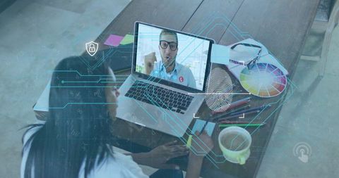 Remote work and digital collaboration concept with overlays