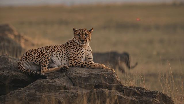 Majestic cheetah resting on rocky outcrop in savannah landscape