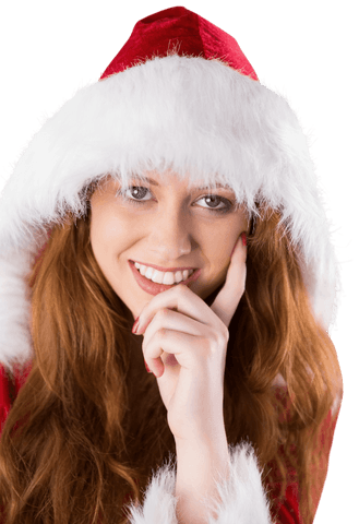 Festive Redhead in Transparent Background Santa Costume Smiling