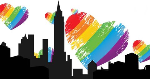 City Skyline with Vibrant Rainbow Hearts: LGBTQ Pride Celebration