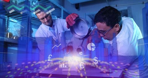 Researchers discussing experiment in lights of analytics charts in modern lab