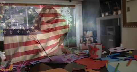 Girl Painting Crafts at Home with American Flag Overlay Celebrating Patriotic Creativity and Family